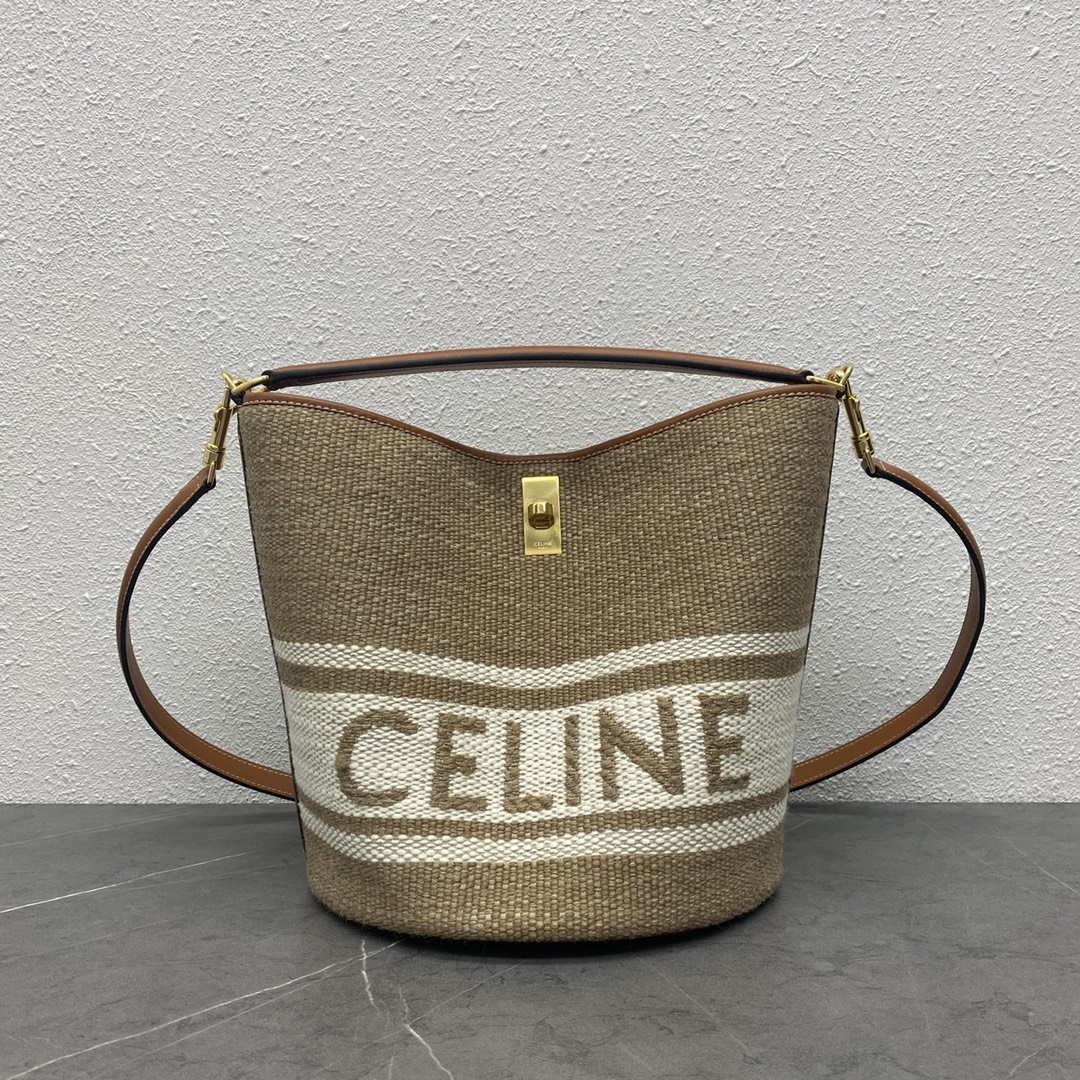 Celine Bucket 16 Smooth Calfskin Canvas Handbag Shoulder Bag Tan/Coffee 195573